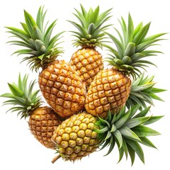 Cluster of pineapples with vibrant leaves  - A vibrant arrangement of ripe pineapples with lush green tops, showcasing their tropical freshness and natural sweetness.  
