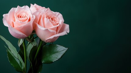 two pink roses are in a vase on a green background