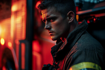 Obraz premium Generative AI Portrait of a Dedicated Firefighter with Intense Expression Highlighting Courage and Bravery