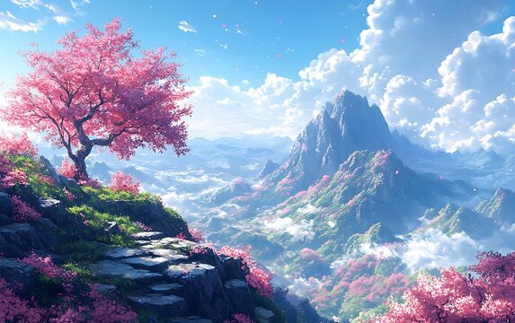 Sunny Mountain Vista with Blooming Flowers