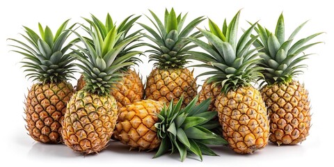 Group of whole ripe pineapples  -  A collection of fresh, ripe pineapples with spiky green tops, symbolizing tropical abundance, freshness, and natural sweetness.  
