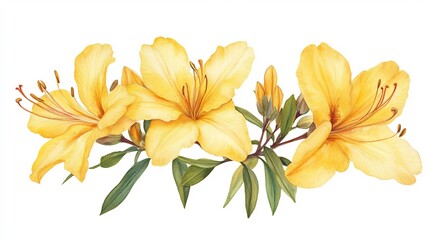 Obraz premium Vibrant yellow azaleas blossom gracefully watercolor painting soft light illuminates delicate petals. AI Generated