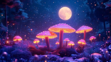 Fototapeta premium Glowing mushrooms illuminate a mystical moonlit forest vibrant pink and purple hues. AI Generated