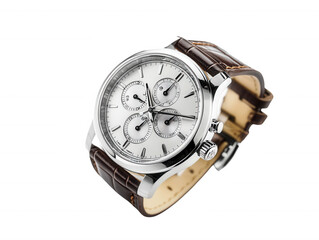 Elegant Men s Chronograph Wristwatch with Brown Leather Strap Silver Dial Close up Studio Shot
