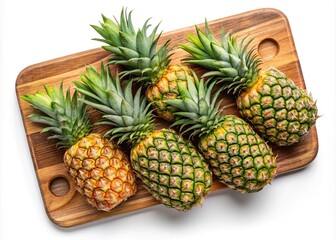 Whole pineapples on wooden board - A row of fresh, ripe whole pineapples with spiky green leaves displayed on a wooden board, perfect for tropical recipes. 
