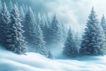 Naklejka premium Snowy winter landscape featuring dense pine trees under a cloudy sky