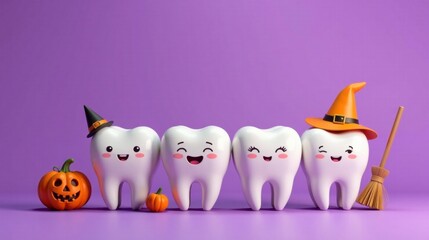 Smiling teeth in Halloween costumes with pumpkins and a witch's broom against a vibrant purple backdrop