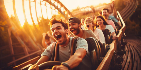 Front view of group sittin on the roller coaster.
