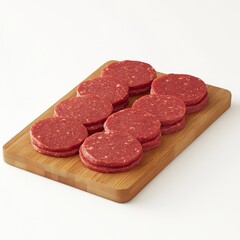 Organic raw ground beef, round patties for making homemade burger on wooden cutting board 