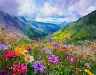 Obraz premium Vibrant mountain landscape with colorful wildflowers blooming in a serene valley