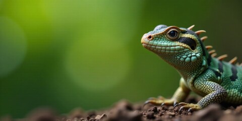 Fototapeta premium A vibrant green lizard, showcasing intricate scales and striking patterns, rests on dark soil against a blurred natural backdrop.