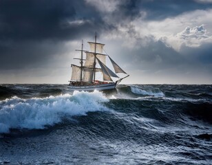 Obraz premium Majestic firefly ship navigating stormy waves of the Dramatic Ocean at dusk