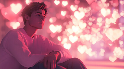 Thoughtful Young Man Surrounded by Heart Shapes in Soft Pink Ambient Light. Concept of Romance, Introspection, Dreamy Moments. Copy space