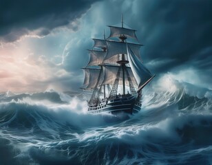 Majestic firefly ship battles tumultuous waves in a dramatic storm over the vast ocean