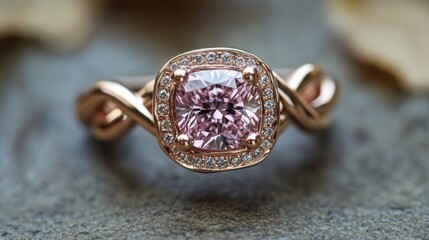 Rose gold braided band pink diamond engagement ring, romantic and modern. generative ai