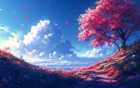 Fantasy Lake Landscape with Pink Tree and Petals