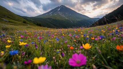 Fototapeta premium Vibrant alpine meadow filled with colorful wildflowers in front of a majestic mountain peak under a cloudy sunset sky.