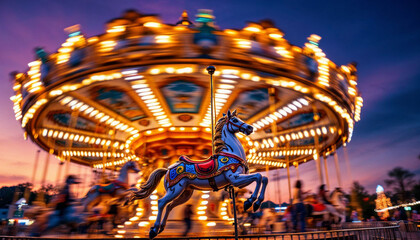 Illuminated carousel spinning at twilight, evoking nostalgia with a warm, magical atmosphere.

