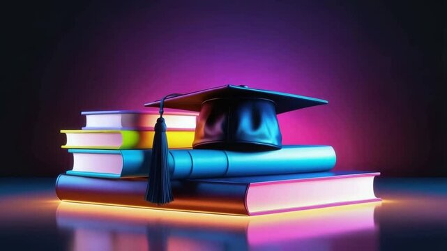 Neon graduation cap and books with glowing background