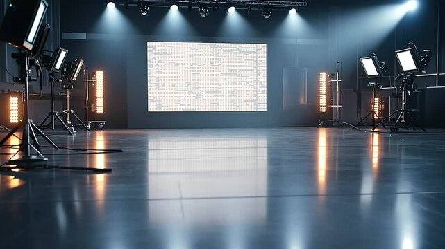 News Anchor Rehearsing in Empty Studio with Teleprompter Screen
