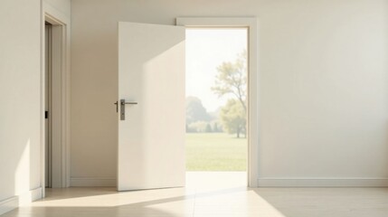 Open Door to a Serene Landscape A Visual Representation of New Beginnings and Opportunities in a Modern Interior