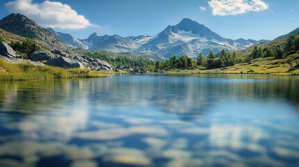 Mountain landscape with crystal-clear lake reflections