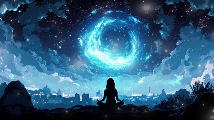 Meditative journey beneath a cosmic sky filled with stars and swirling galaxies near a tranquil cityscape seamless looping 4K time-lapse virtual video animation background