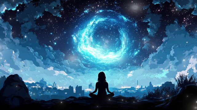Meditative journey beneath a cosmic sky filled with stars and swirling galaxies near a tranquil cityscape seamless looping 4K time-lapse virtual video animation background