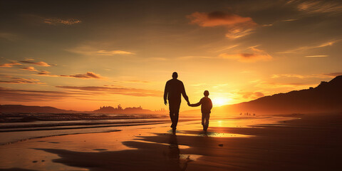 Man and young boy silhouettes walking on the sandy beach at sunset.