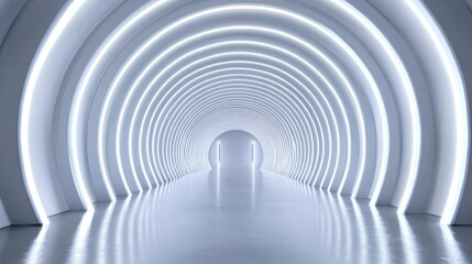 Futuristic White Tunnel Corridor - Abstract image of a sleek, modern white tunnel with glowing circular lights, creating a futuristic and clean aesthetic. Ideal for technology, architecture, and desig