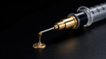 Close-up of a metallic syringe dispensing a golden liquid onto a dark surface
