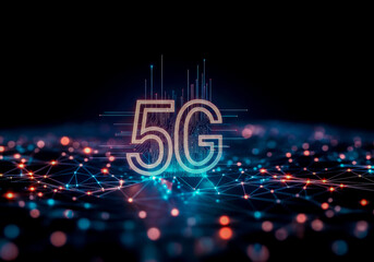 Visual representation of advanced technology featuring 5G connectivity over a network of interconnected dots