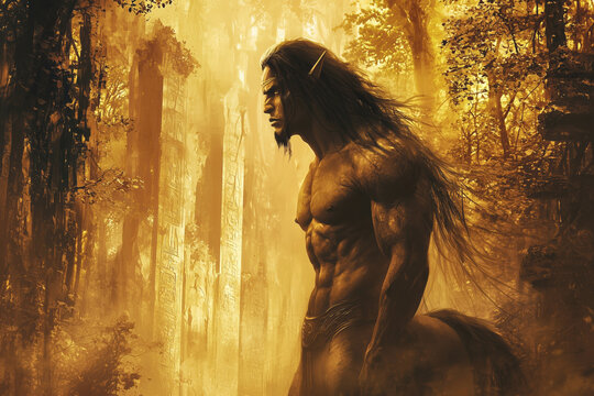 Art illustration of a centaur in a magical ancient forest, duotone, yellow brown, The mythical character is a hybrid of man and horse.