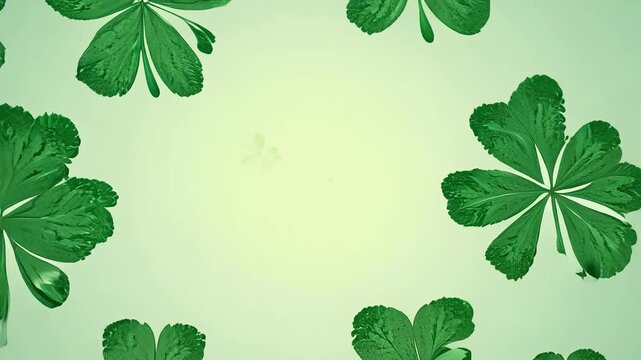 Seamless video zoom in of a vector pattern featuring small, repeating clover shapes in various shades of green, ambient light, the clovers gently sway