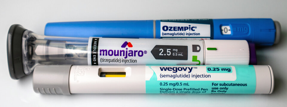 Ozempic, Mounjaro and Wegovy injectable pens on white background 