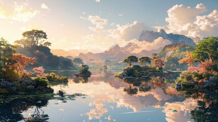 Nature art fusion vibrant natural ecosystems reflected in serene mountain lake at sunset