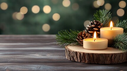 christmas candles on a wooden stump with pine cones and fir bran