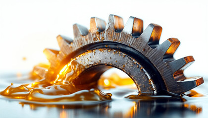 Close-up of a machine gear in oil, showcasing precision and industrial strength.

