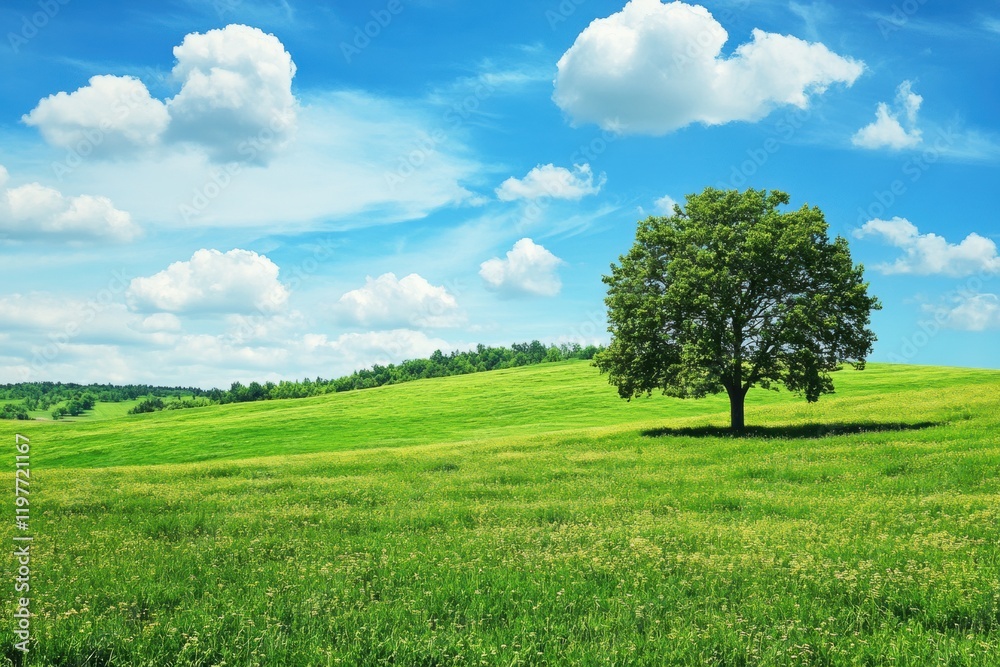 Poster expansive green field with a solitary tree under a bright blue sky surrounded by fluffy clouds. gene