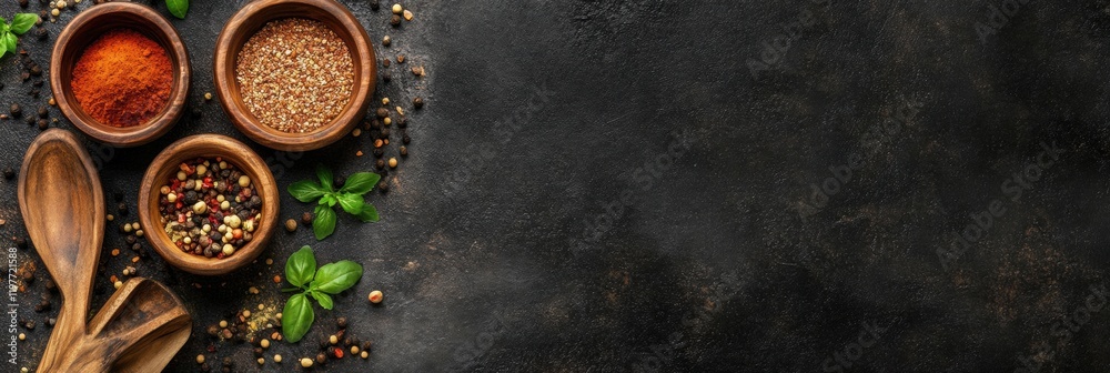 Aufkleber Spices in wooden bowls on a dark countertop with copy space for text or recipe details. Generative AI