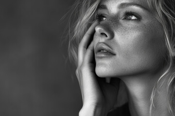 Woman with long flowing hair, standing on a beach at sunset, gazing at the horizon with a serene expression.