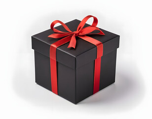 Obraz premium black luxury gift box with red ribbon on white background, Happy Valentine's Day, Valentine's gift
