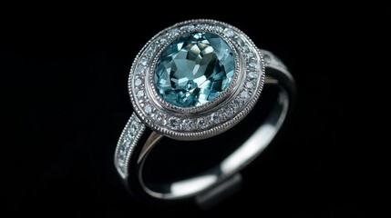 ring with central oval aquamarine surrounded by a halo of diamonds generative ai