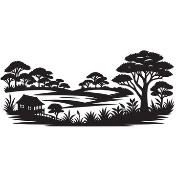 recommend clip art: Silhouette African savanna landscape, acacia trees, traditional hut.