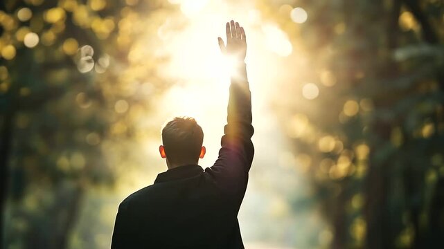 Man Reaching for Light in Dark Forest Symbolizing Hope