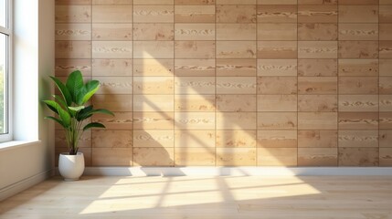 Sunlit Room Interior Design with Plant in Pot and Light Wood Wall