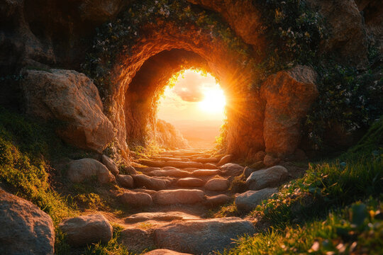 Tunnel carved through rocky terrain, leading to unknown depths, framed by rough, natural stone formations under dim lighting.