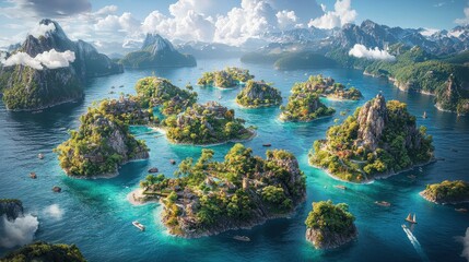 Aerial view of scenic island clusters in vibrant blue waters tropical environment nature perspective
