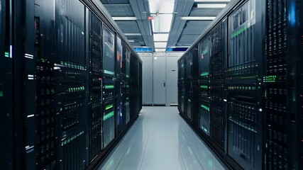 seamlessly equipment server looped view center camera flickering render photorealistic light indicators showing slowly 3d animation moving close data server datum closeup indicator room cloud loop - Powered by Adobe