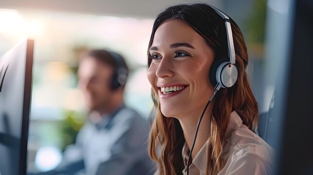 Smiling customer support operator with hands-free headset working in the office